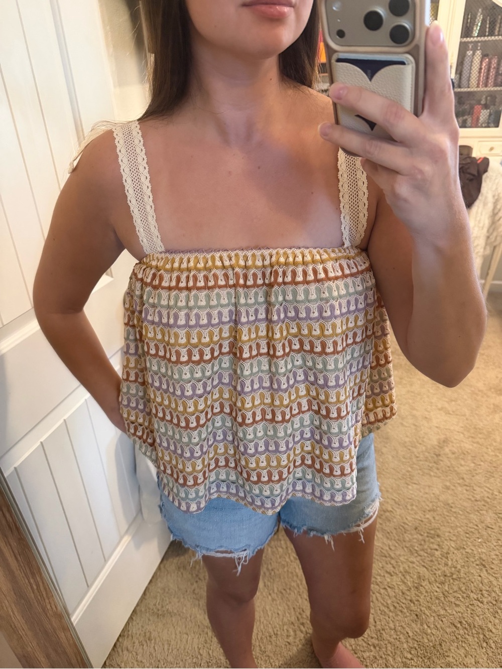 Talulah Boho Crochet-Trim Multicolor Smocked Tank Top